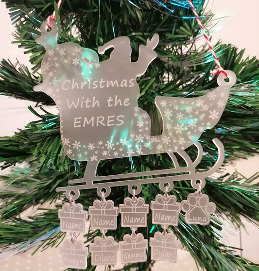 Personalised Clear Frosted Acrylic Santa Sleigh Christmas Tree Hanging Decoration