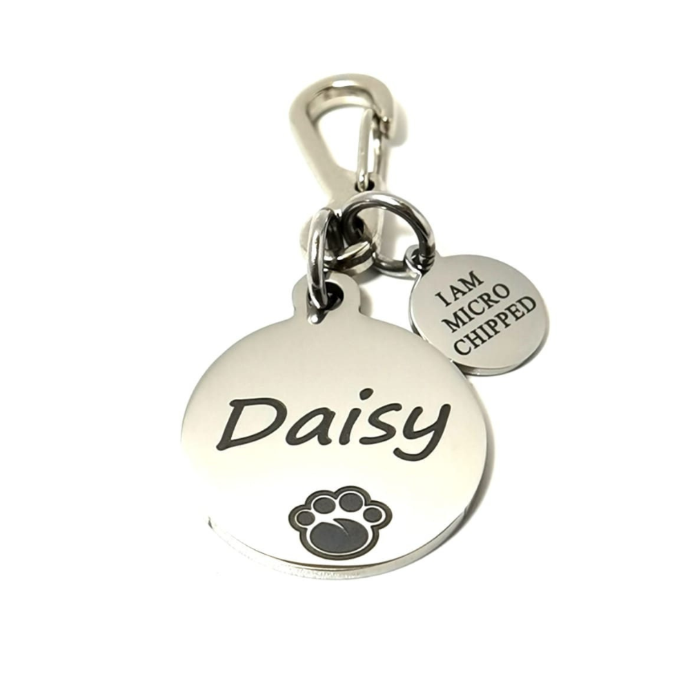 Personalised Stainless Steel I AM MICROCHIPPED Pet Id Tags, Dog Collar Tags