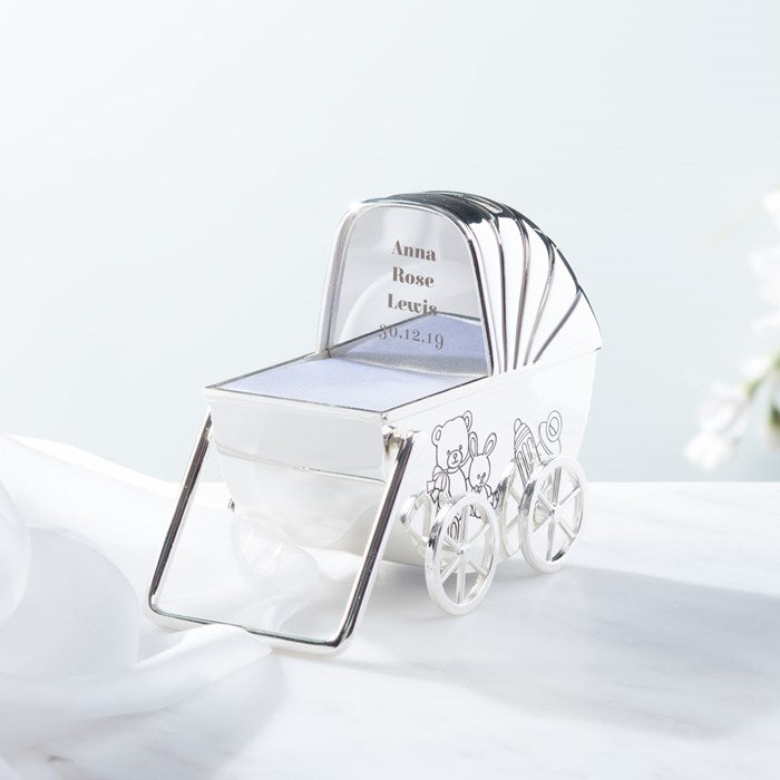 Personalised Pram Money Box, Silver Plated