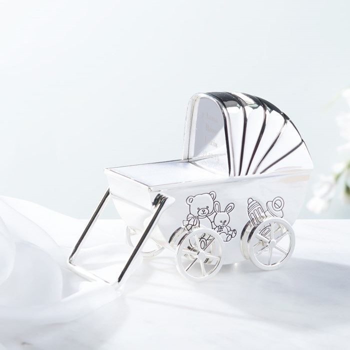 Personalised Pram Money Box, Silver Plated