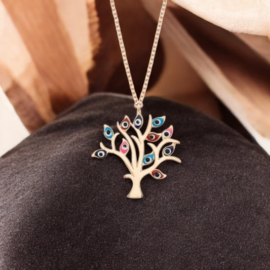 Sterling Silver Tree of Life Necklace, Rose Gold Colour With Evil Eye Cubic Zirconia Stones