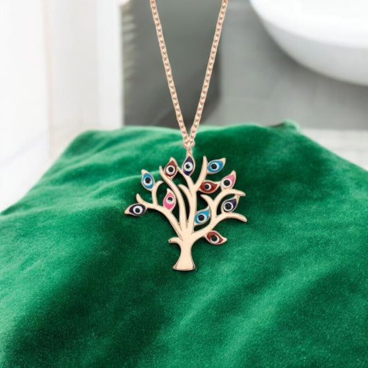 Sterling Silver Tree of Life Necklace, Rose Gold Colour With Evil Eye Cubic Zirconia Stones