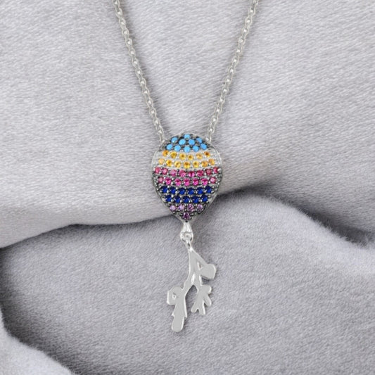 Unique Sterling Silver Young Boy & Girl with Balloon Cubic Zirconia Chain and Pendant Necklace