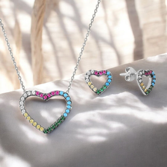 Heart Shaped Colourful Sterling Silver Pendant CZ Cubic Zirconia Necklace with Linked Chain & Matching Earrings By Giftetch