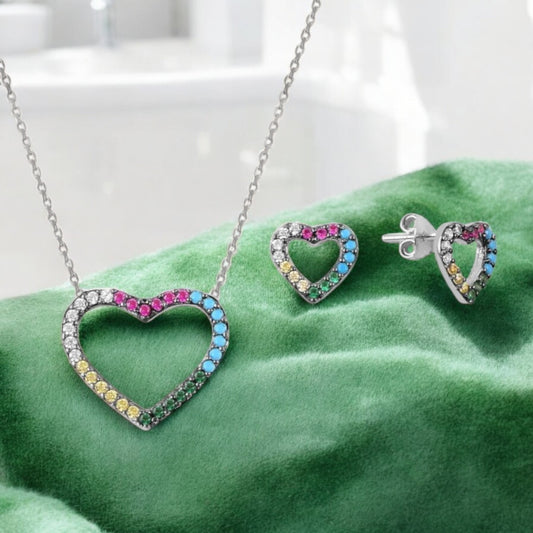 Heart Shaped Colourful Sterling Silver Pendant CZ Cubic Zirconia Necklace with Linked Chain & Matching Earrings By Giftetch