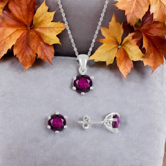 Sterling Silver Round Cubic Zirconia Birthstone Necklace and Earring Solitaire Set