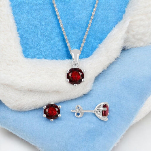 Sterling Silver Round Cubic Zirconia Birthstone Necklace and Earring Solitaire Set