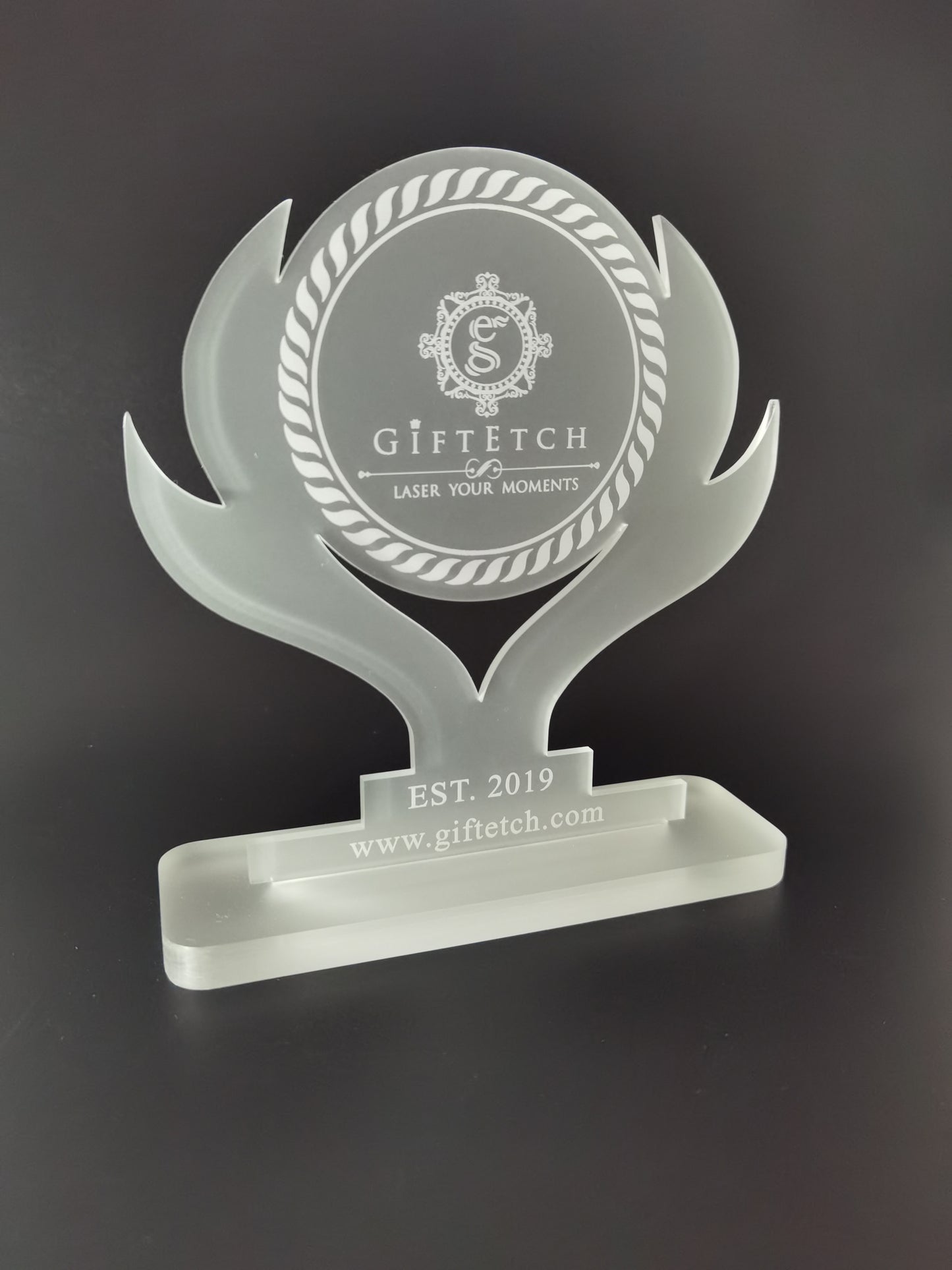 Personalised Clear Frosted Acrylic Self-Stand Trophy with Custom Logo Design
