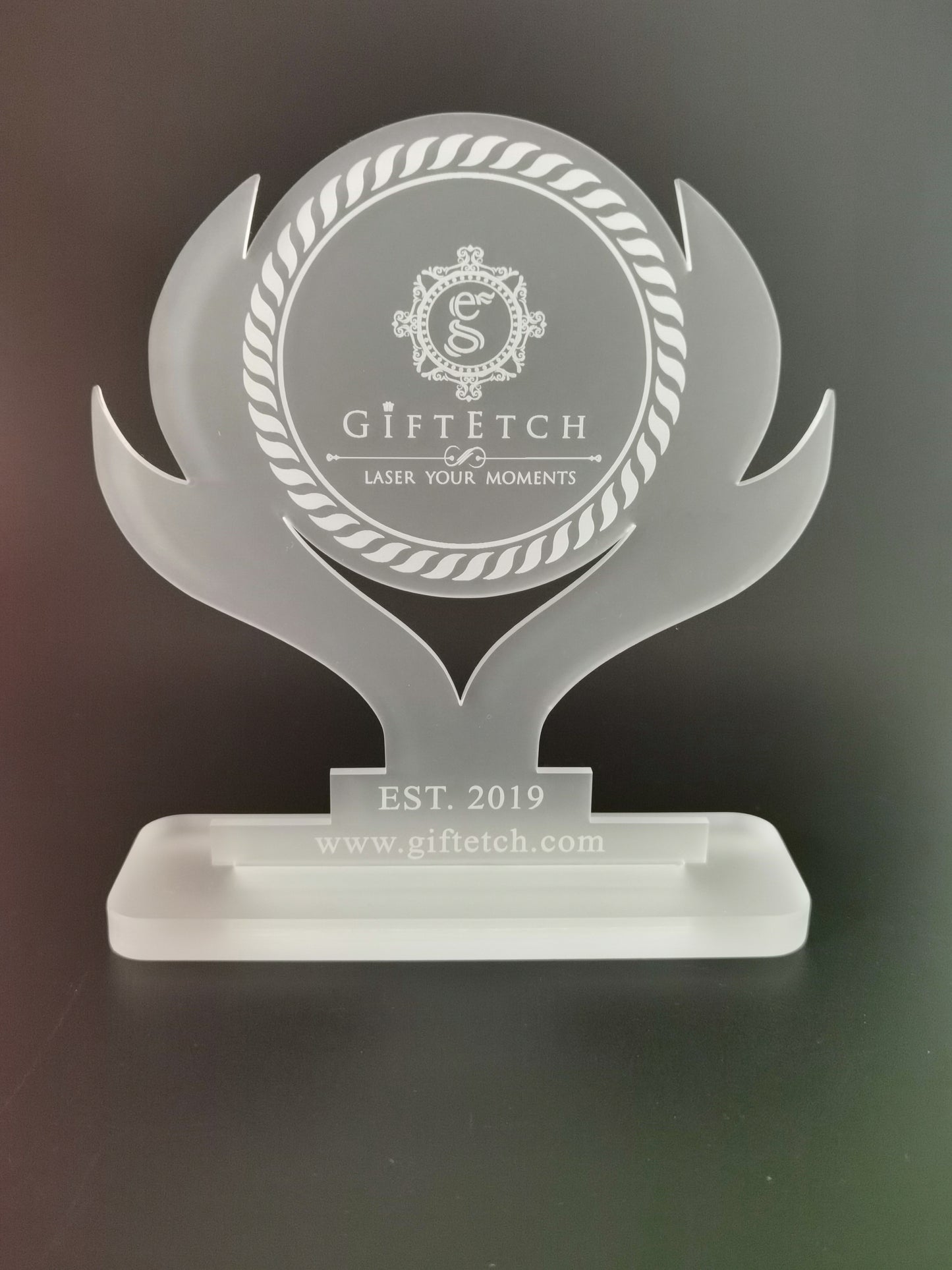 Personalised Clear Frosted Acrylic Self-Stand Trophy with Custom Logo Design