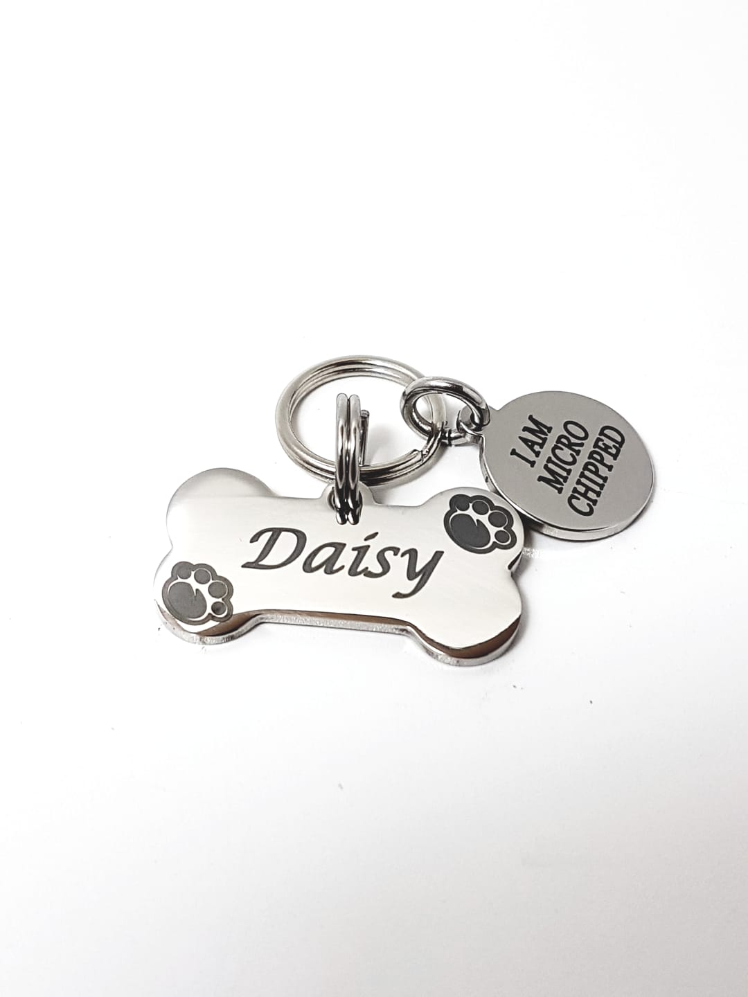 Personalised Bone Pet Id Tags, Stainless Steel I AM MICROCHIPPED Dog Collar Tags