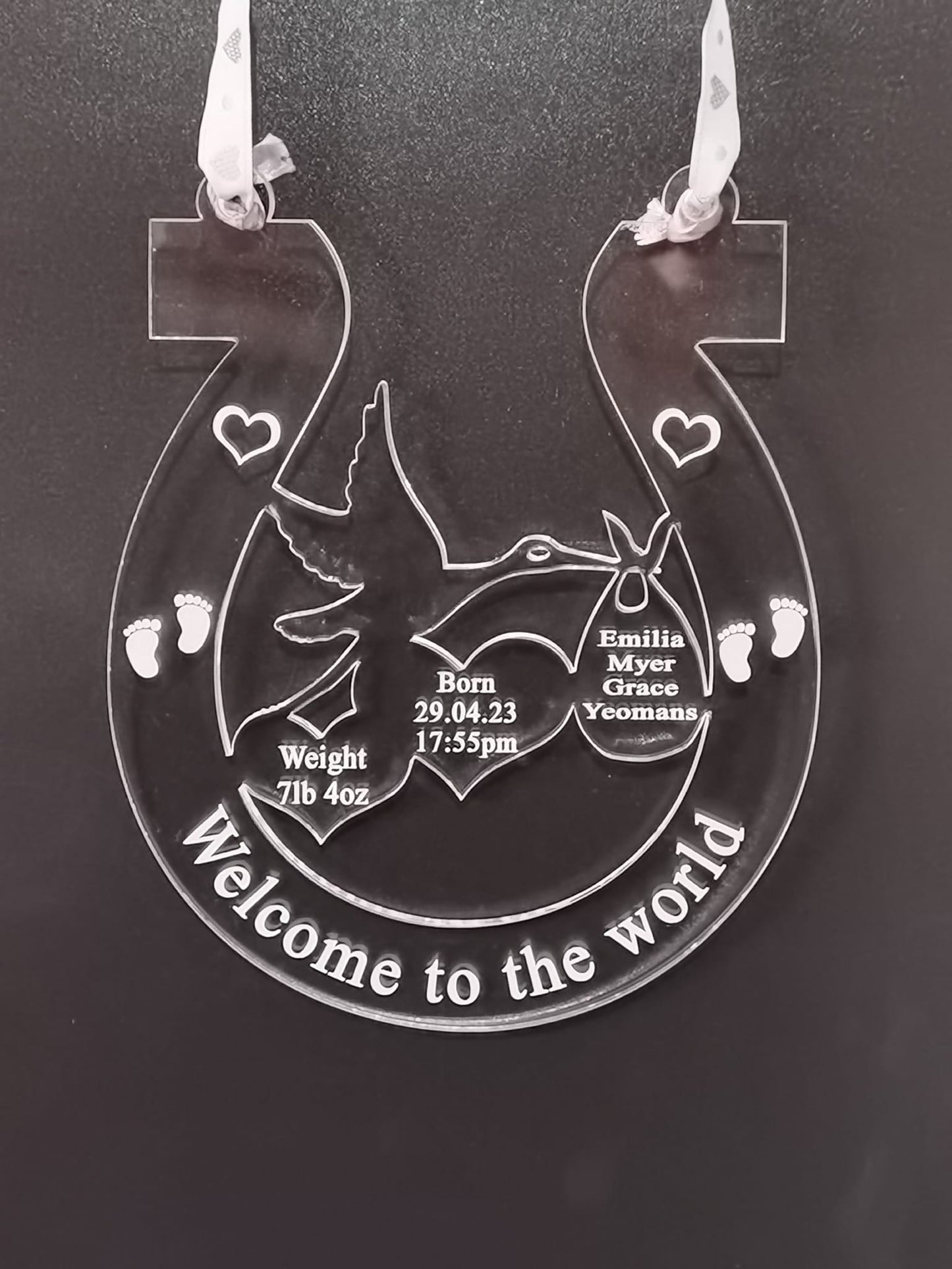 Personalised hanging acrylic stork horseshoe. New baby gift, welcome to the world.