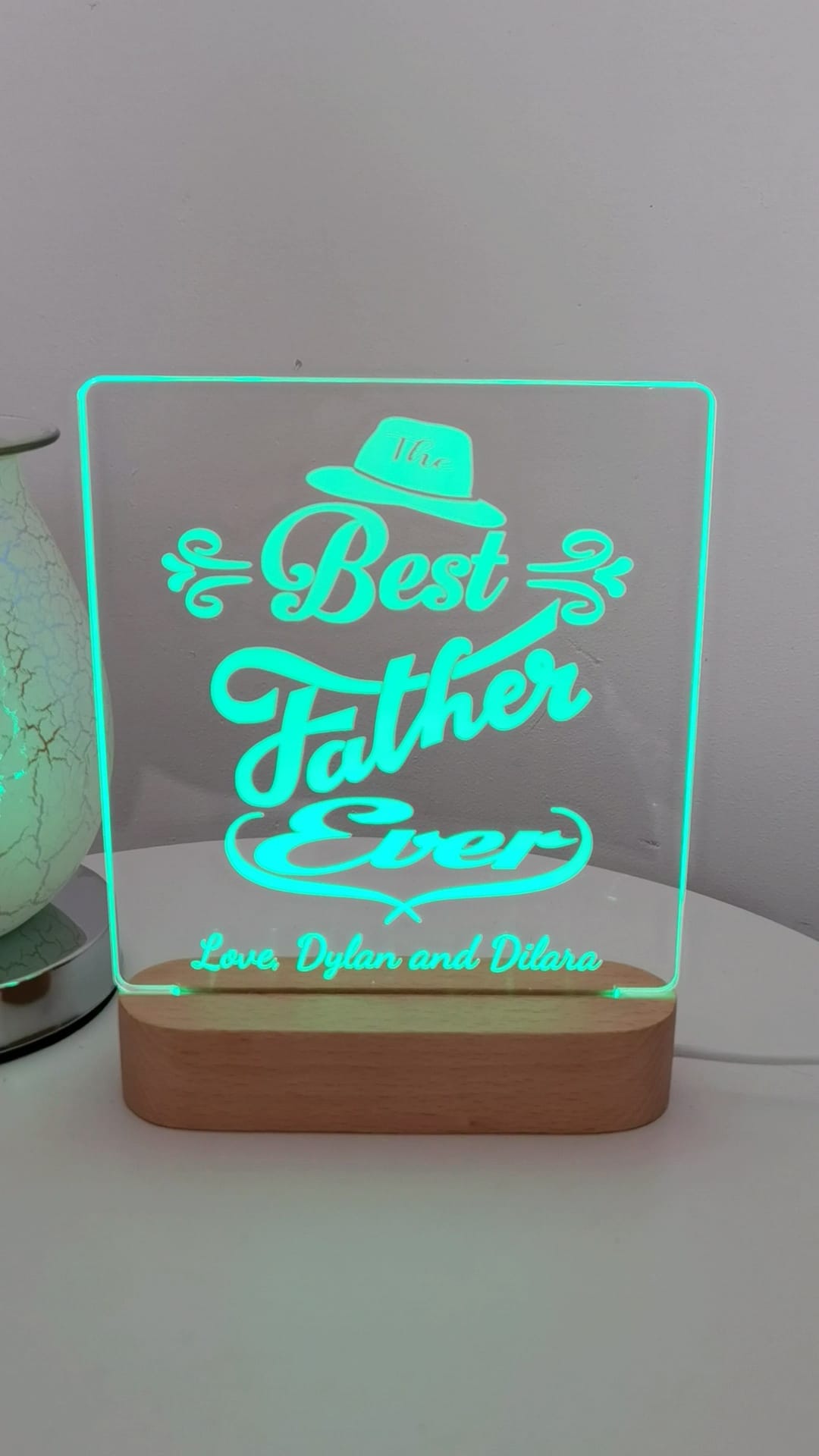 Personalised acrylic LED night light with a wooden base a perfect Father's Day gift!