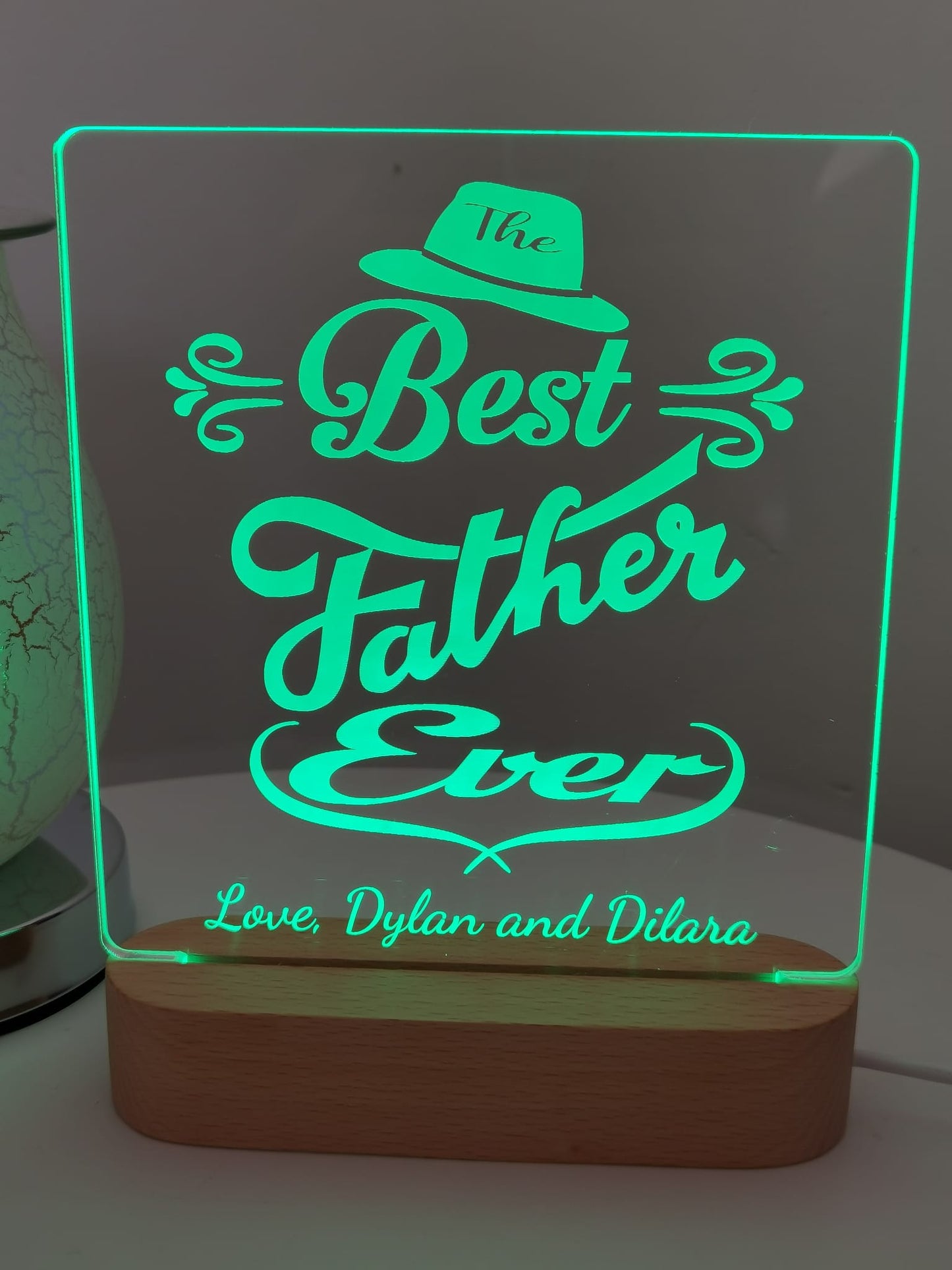 Personalised acrylic LED night light with a wooden base a perfect Father's Day gift!