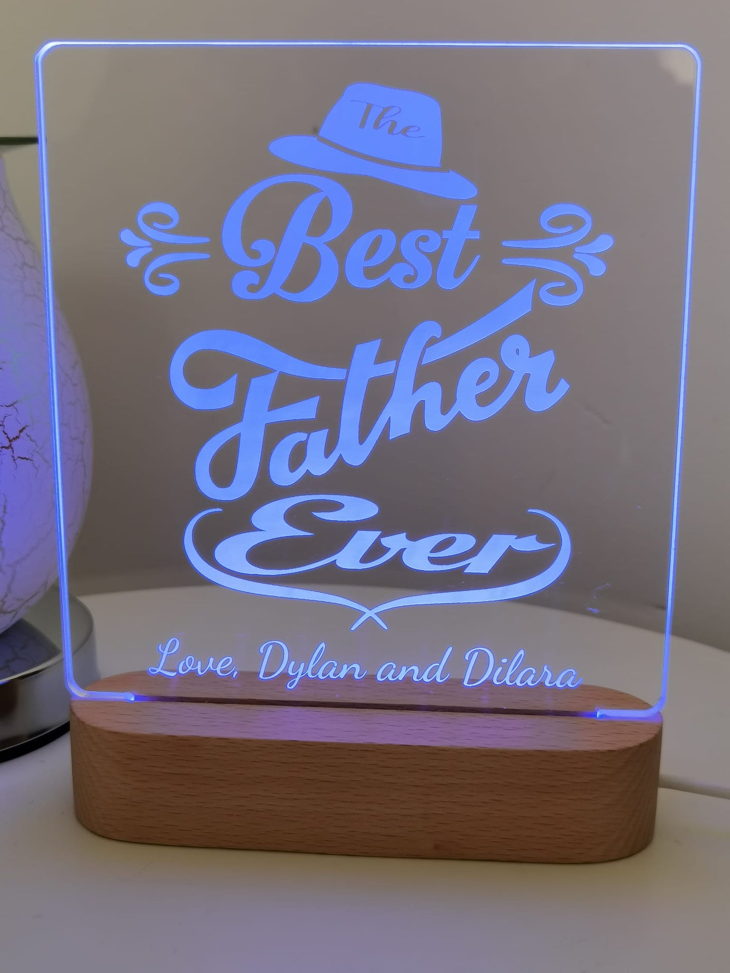 Personalised acrylic LED night light with a wooden base a perfect Father's Day gift!