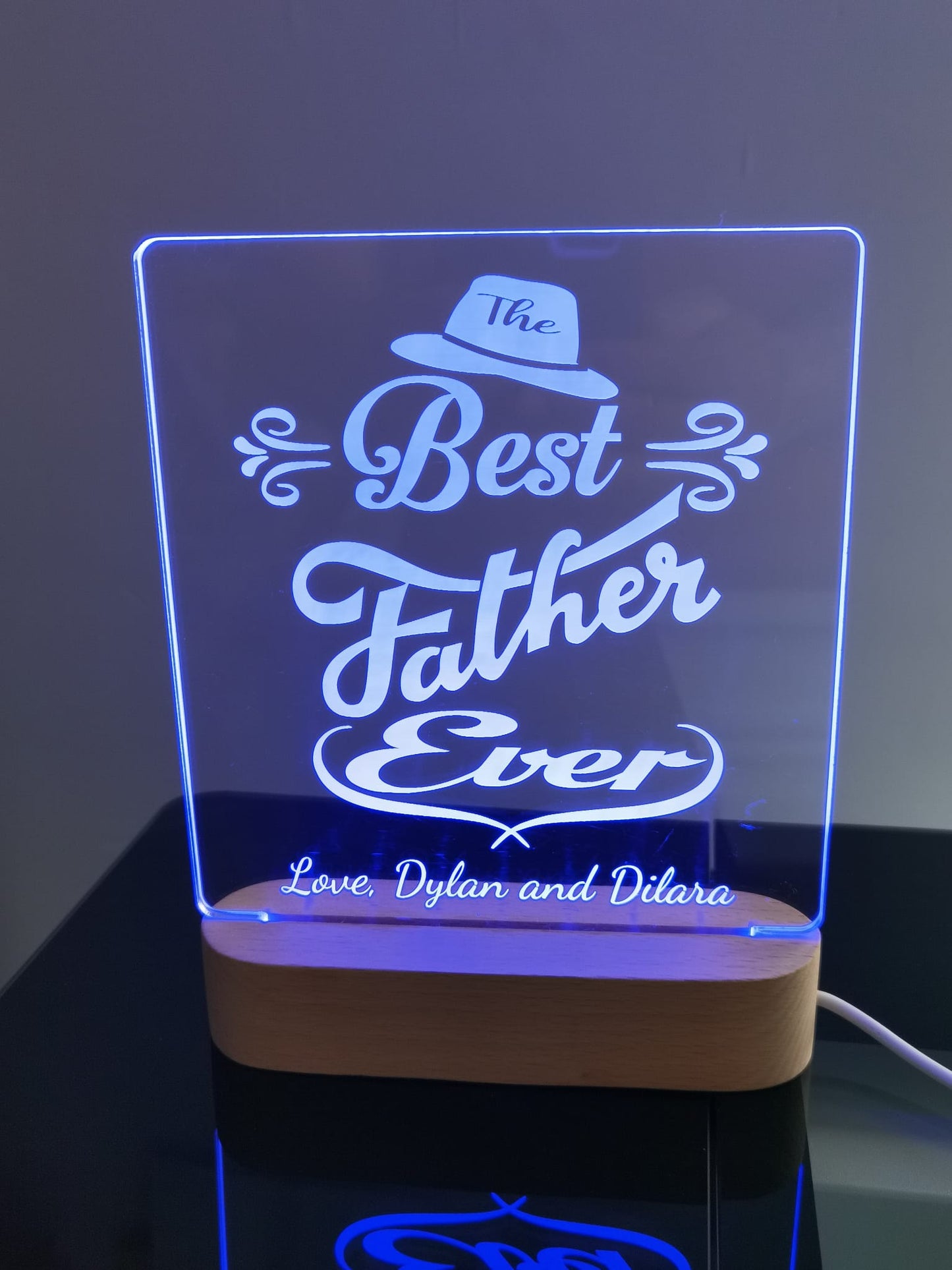 Personalised acrylic LED night light with a wooden base a perfect Father's Day gift!