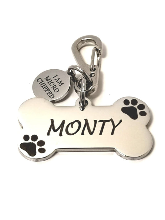 Personalised Bone Pet Id Tags, Stainless Steel I AM MICROCHIPPED Dog Collar Tags