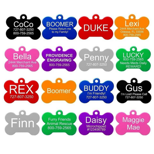 Personalised metal dog tags, engraved various shaped multicoloured, pet tags for collars.