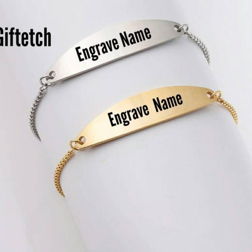 Personalised Engraved Name Stainless Steel Adjustable Gold and Silver Bracelets for Men and Women By Giftetch