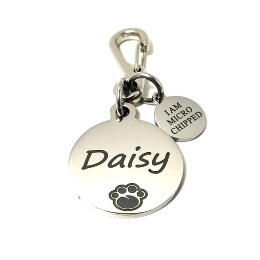 Personalised Stainless Steel I AM MICROCHIPPED Pet Id Tags, Dog Collar Tags
