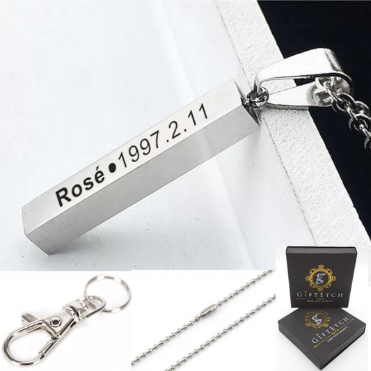 Personalised Vertical Bar Necklace, Coordinates Necklace Engraved 4 Side by Giftetch