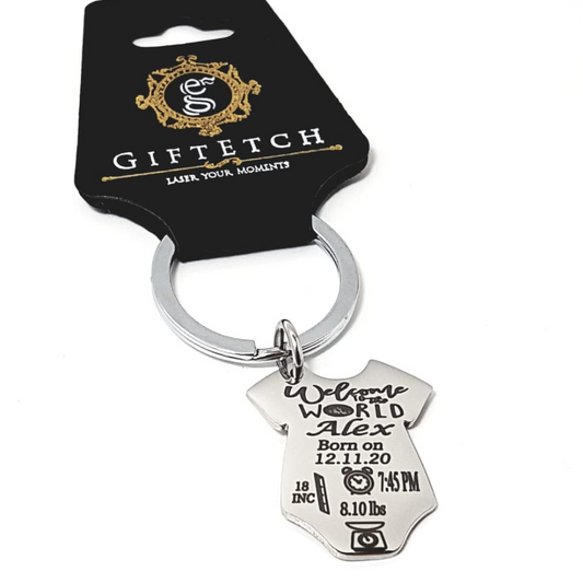 Stainless steel personalised baby grow shaped welcome to the world keyring