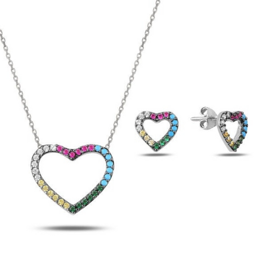 Heart Shaped Colourful Sterling Silver Pendant CZ Cubic Zirconia Necklace with Linked Chain & Matching Earrings By Giftetch