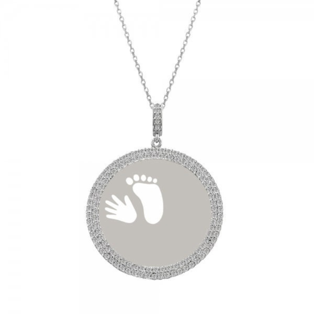 Unique New Mom Dad's Cute Gifts Sterling Silver Round Hand & Footprint Pendant Necklace with Cubic Zirconia
