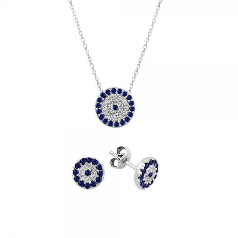 Sterling Silver Rhodium Plated Symbolic Evil Eye Necklace With Matching Earrings