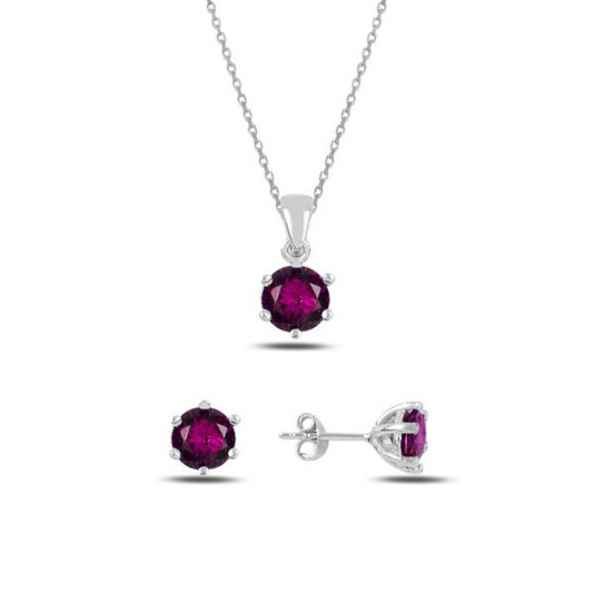 Sterling Silver Round Cubic Zirconia Birthstone Necklace and Earring Solitaire Set