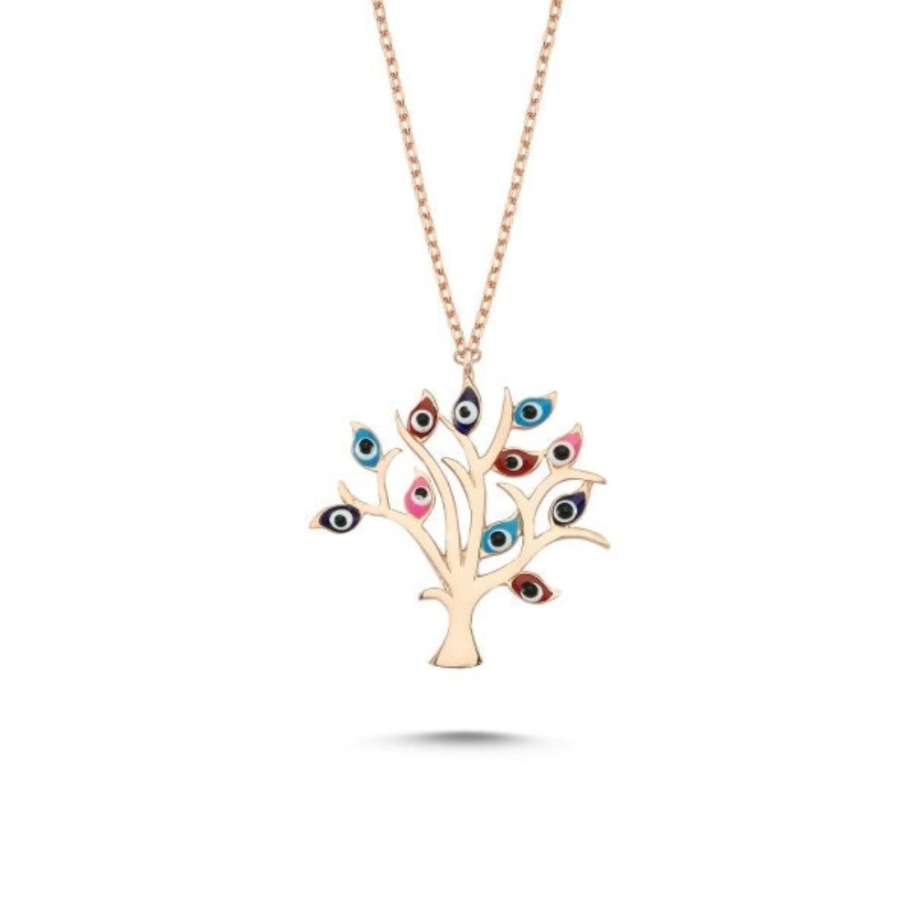 Sterling Silver Tree of Life Necklace, Rose Gold Colour With Evil Eye Cubic Zirconia Stones