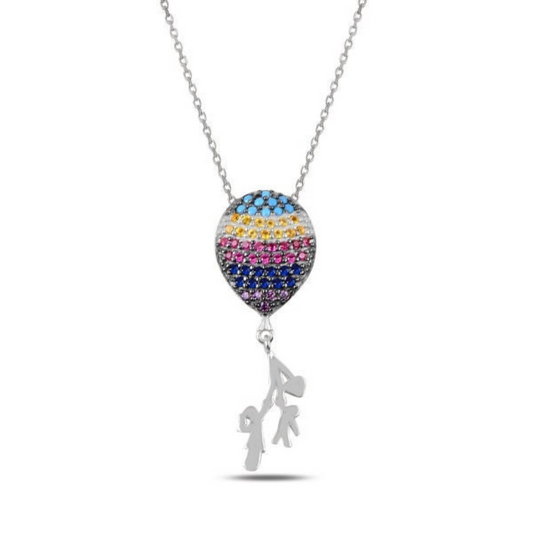 Unique Sterling Silver Young Boy & Girl with Balloon Cubic Zirconia Chain and Pendant Necklace