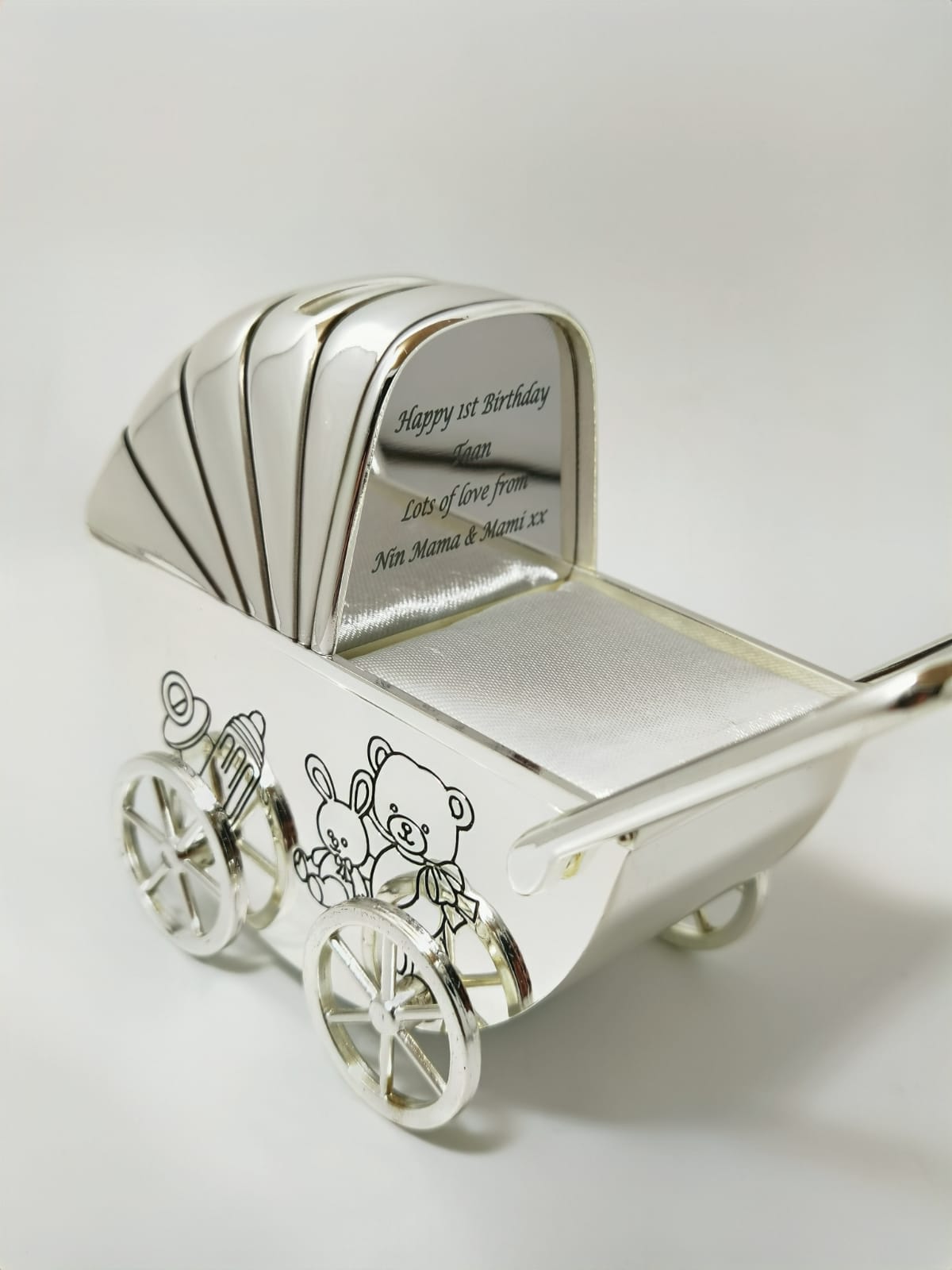 Personalised Pram Money Box, Silver Plated