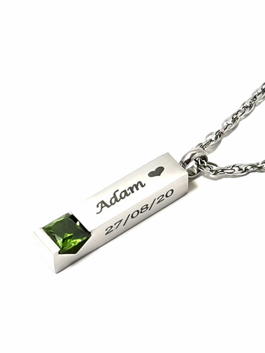 Personalised With Name Date Vertical Bar Birthstone Memorial Necklace for Loved Ones