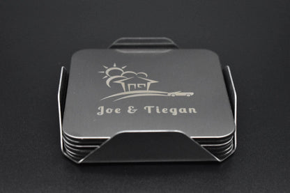 Personalised Stainless Steel 6 Piece Coaster Set Comes With Holder, Ideal for any occasion.