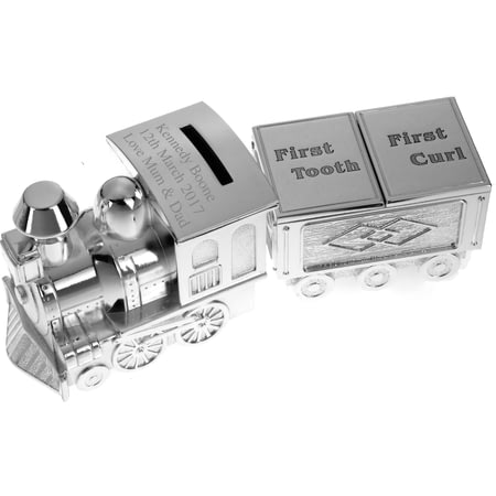 Personalised Train Moneybox With Tooth And Curl Carriage